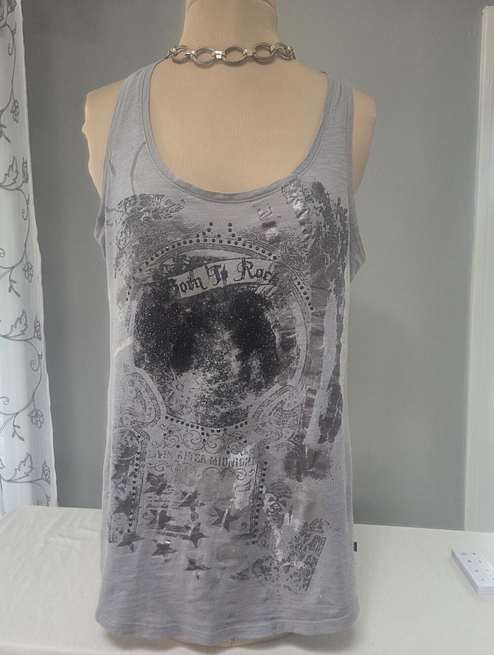 Rock & Republic Tank Top Womens Small Gray Racerback Graphic Stars Cotton Modal